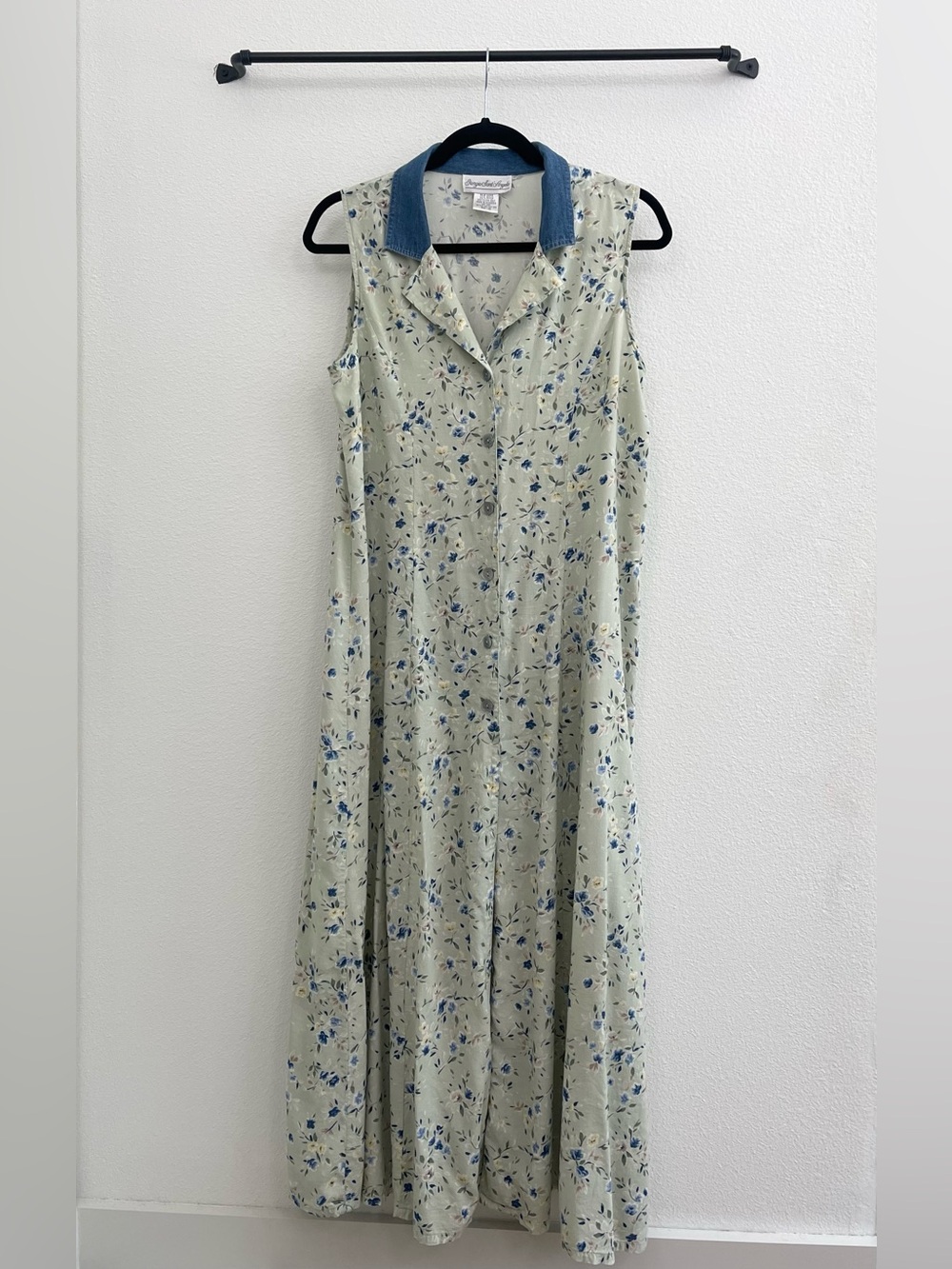 Vintage Floral Maxi Dress with Denim Collar - Blue on Sage - Giorgio Sant’Angelo